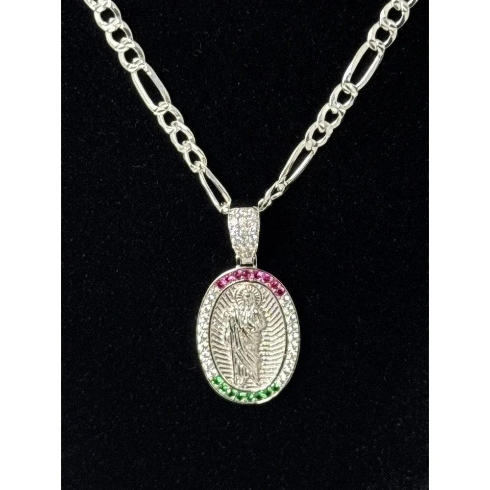 Cadena Tejido Fígaro Con Dije De San Judas Tadeo De Plata 925 - 22 Inch