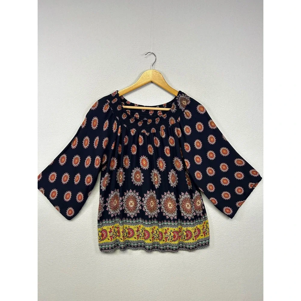 Japna Boho Festival Peasant Women Medium Navy Blue Medallion Bell Sleeve Blouse
