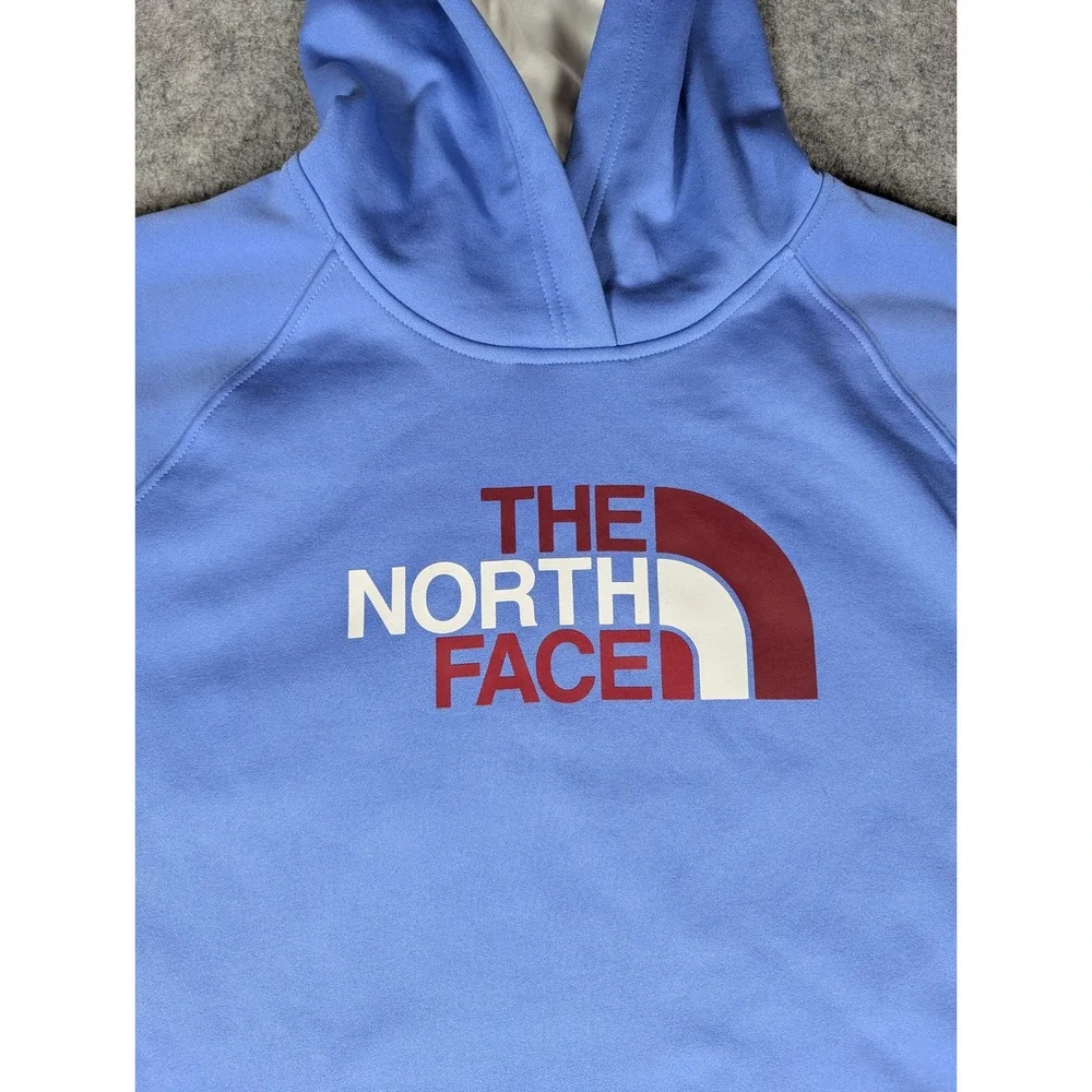 The North Face Womens Light Blue Logo Pullover Hoodie Thumbhole Activewear 5551