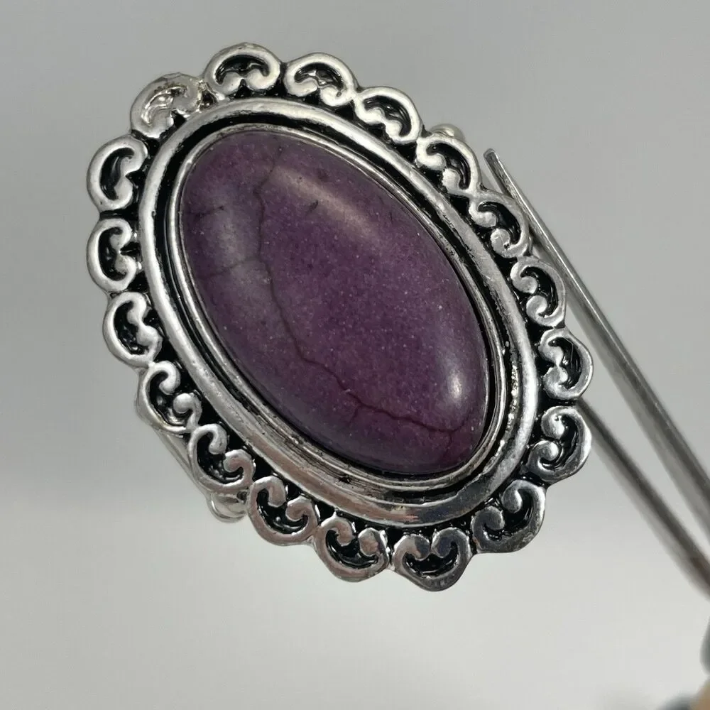Purple Howlite Gemstone Oval Statement Silver Tone Stretch Ring Art Deco