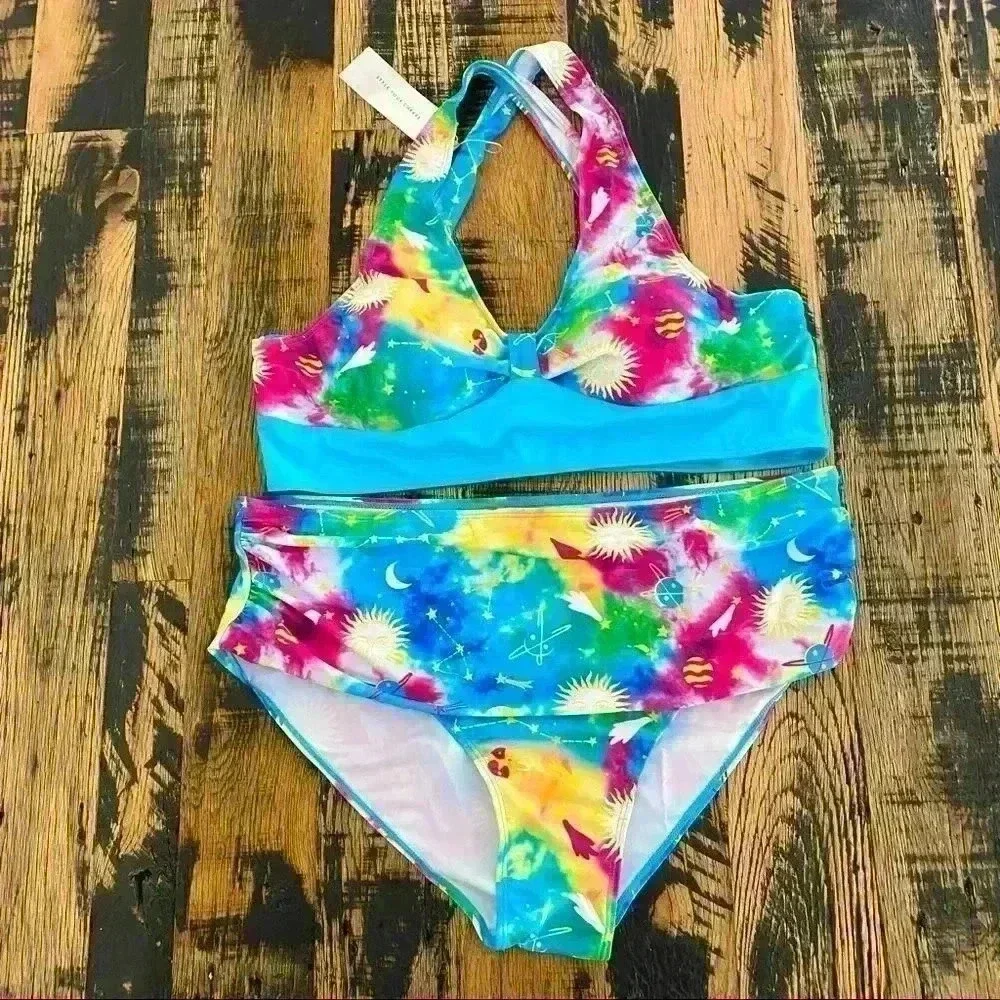 NEW ROSE GAL Plus Size Celestial Print Tankini High-Waisted Swimsuit Size 22