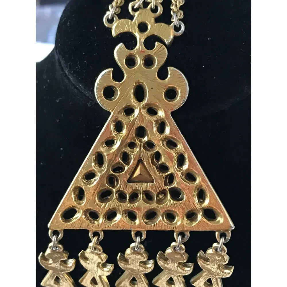 Vintage Goldette Gold Tone Triangle Filigree Pendant Egyptian Victorian Revival