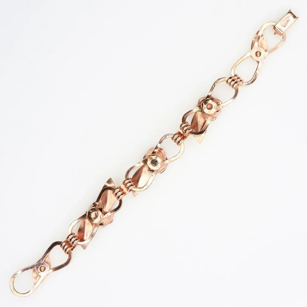 Vintage Coro Rose Gold Tone Floral Bow Brooch Bracelet Demi Parure Set 1940s