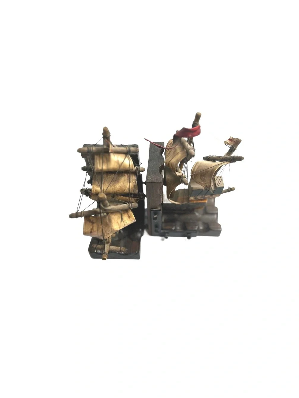 Vintage Wooden Ship Model Bookends with Detailed Sails