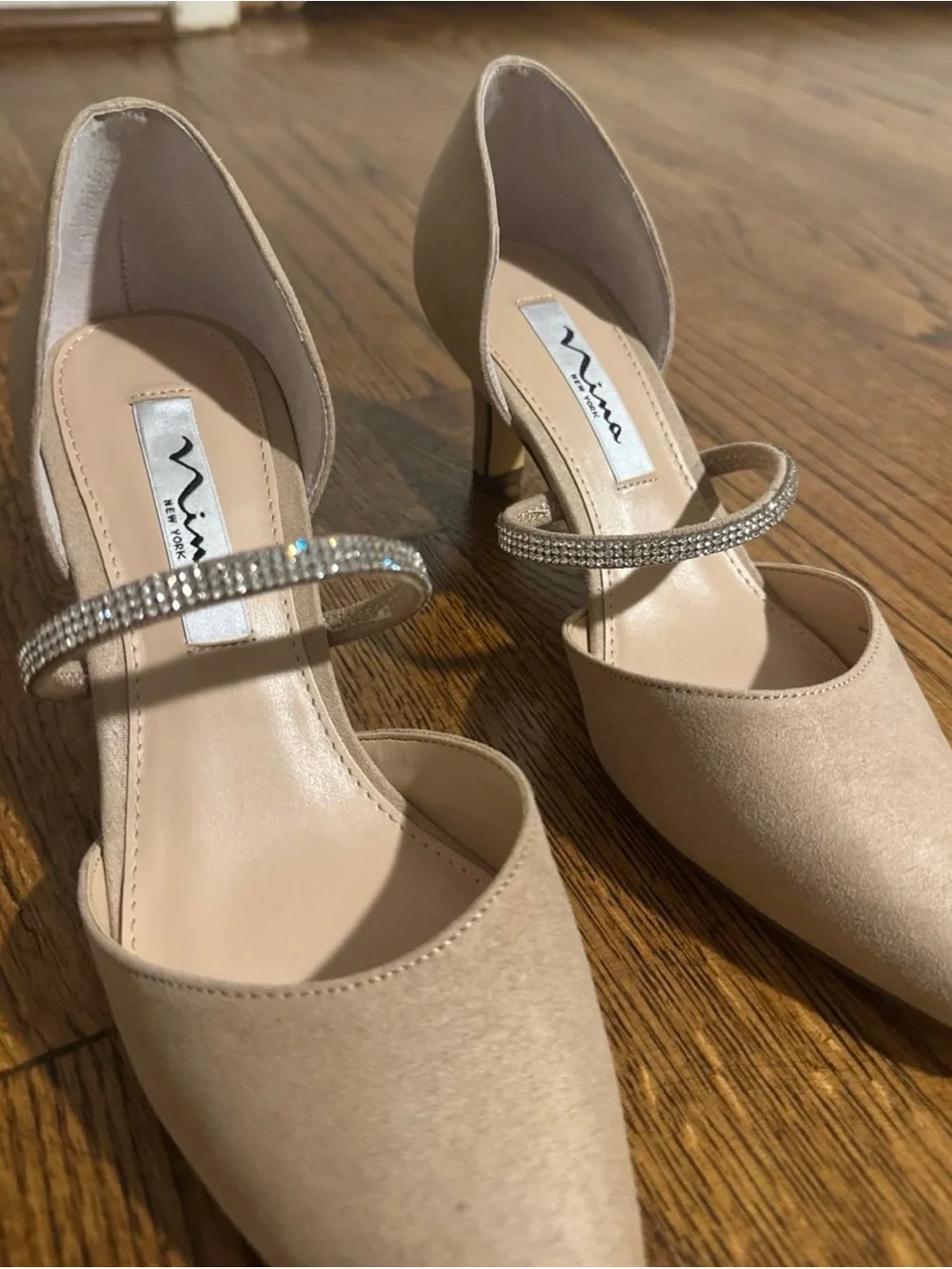 Nina Beige Pointed Toe D'Orsay Flats with Rhinestone Strap