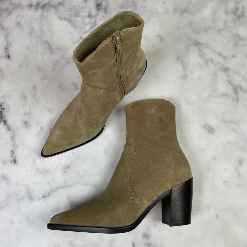 Jeffrey Campbell Jolena Tobacco Suede Ankle Boots Pointy Toe Stacked Heel Sz 8.5