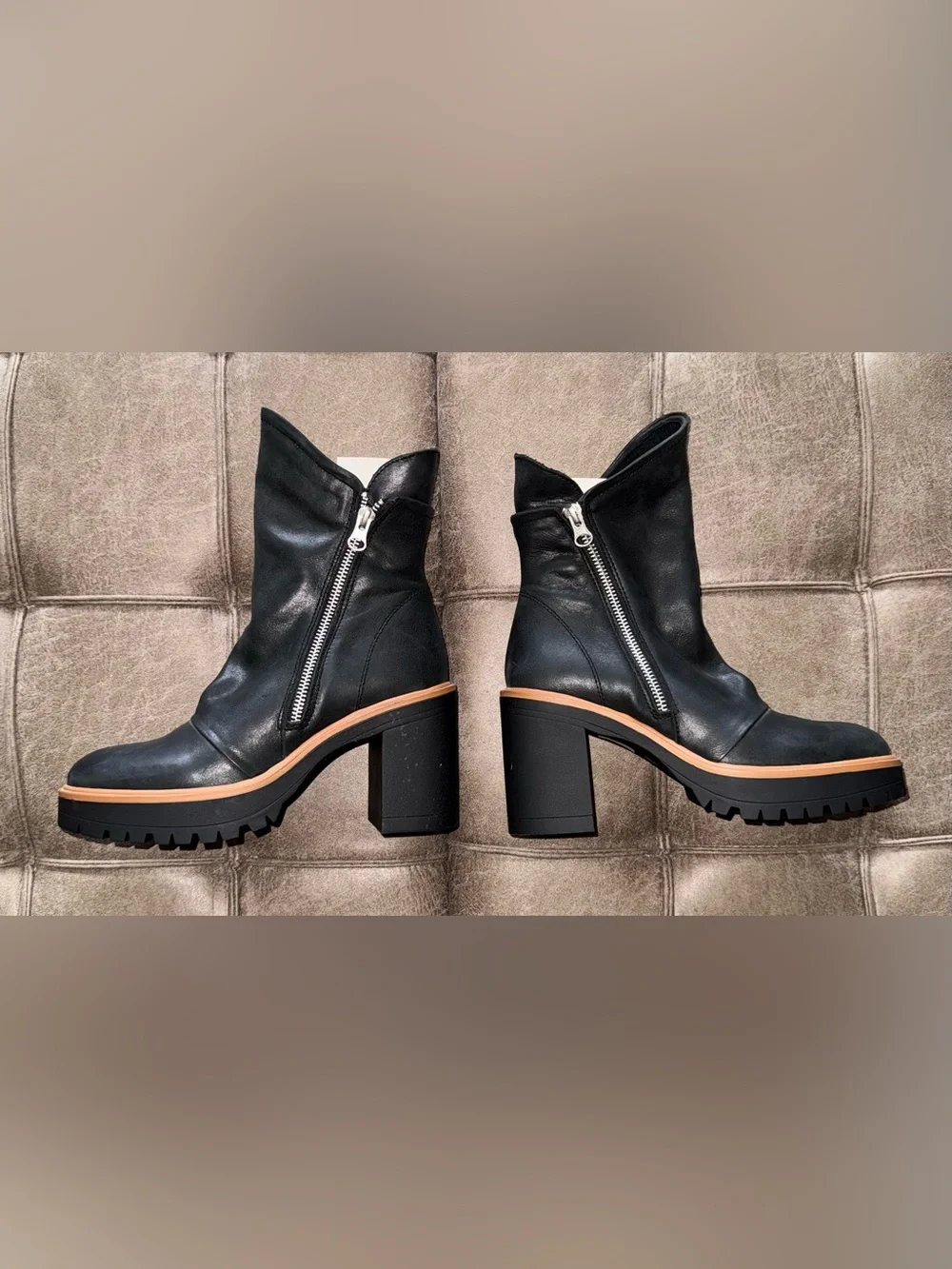 Free People Black Leather Zip Platform Ankle Boots with Tan Trim