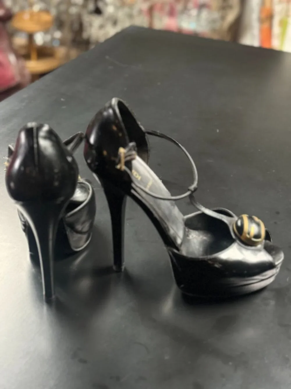 Fendi Black Patent Leather T-Strap Peep-Toe Platform Size 39