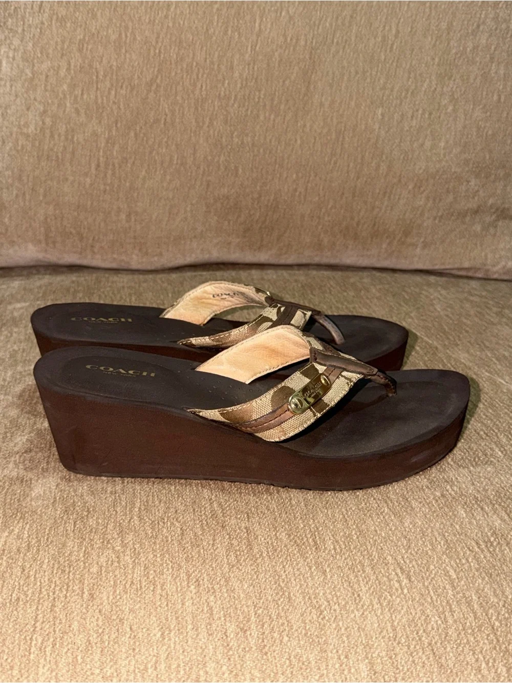 Coach Brown and Tan Signature Wedge Thong Sandals