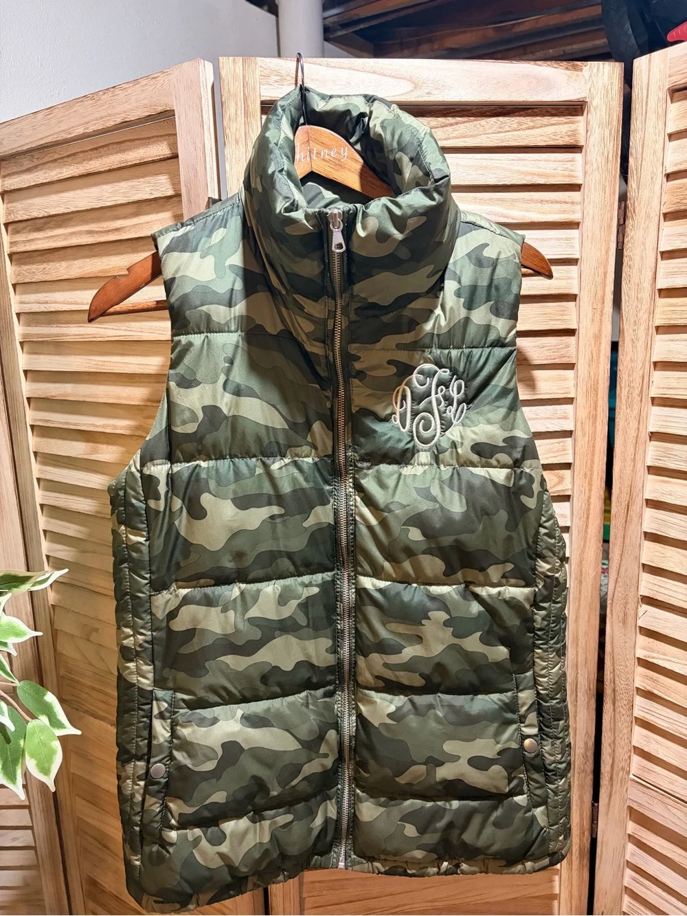 Old Navy Girls' Green Camo Puffer Vest with Monogram