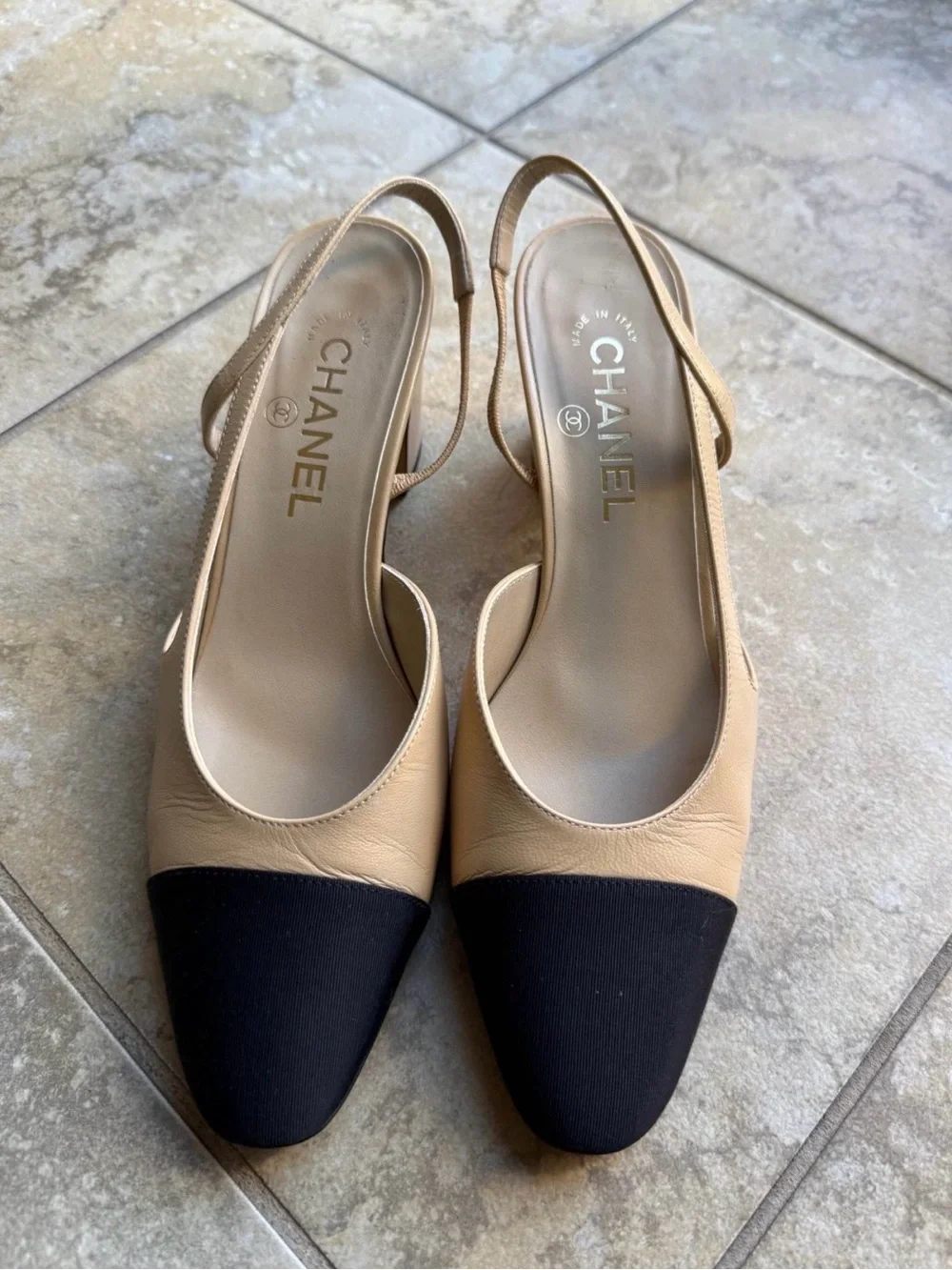 CHANEL Beige and Black Two-Tone Slingback Pumps