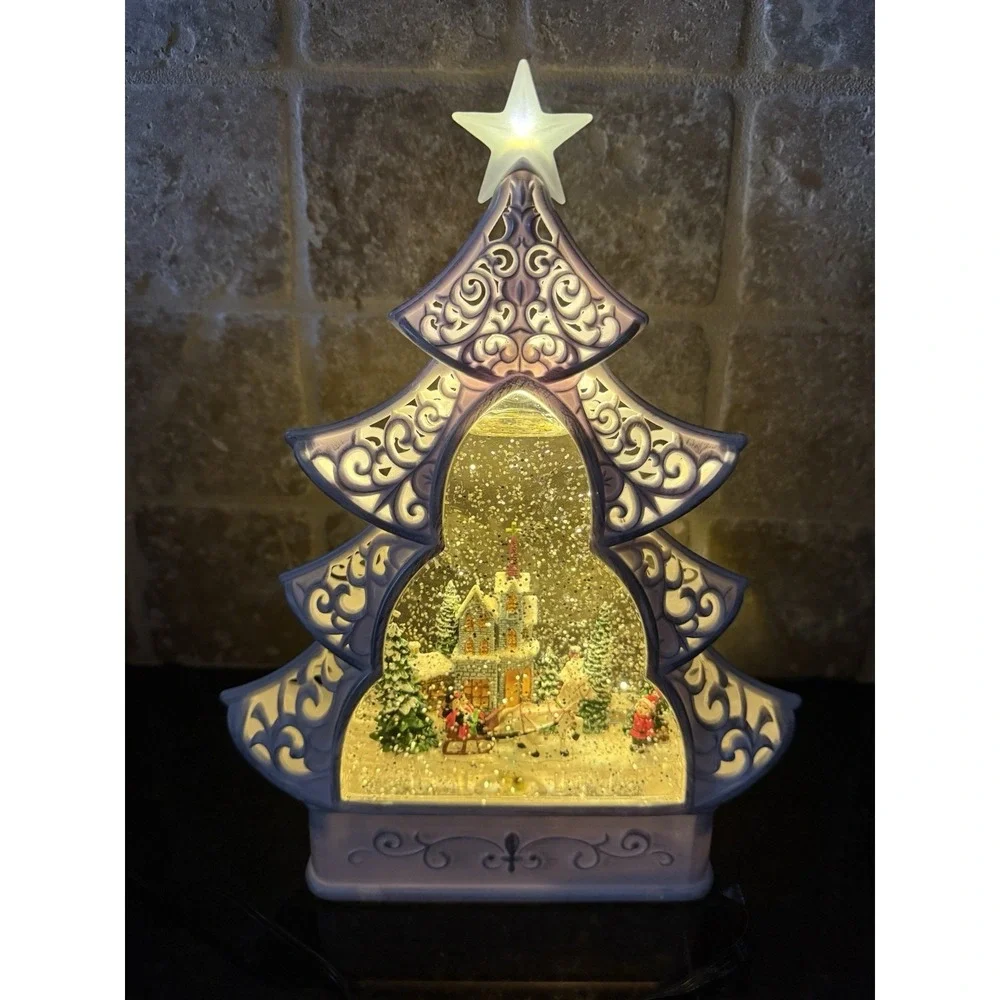 Christmas Tree Water Filled Snow Globe LED Light‎ Up Victorian Home Scene NEW