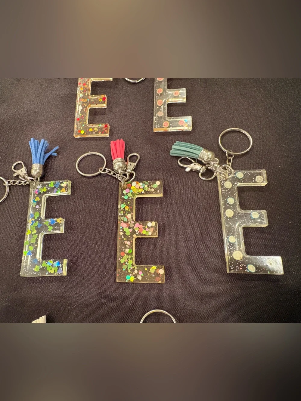 Glitter Resin 'E' Keychains with Tassels - Assorted Colors