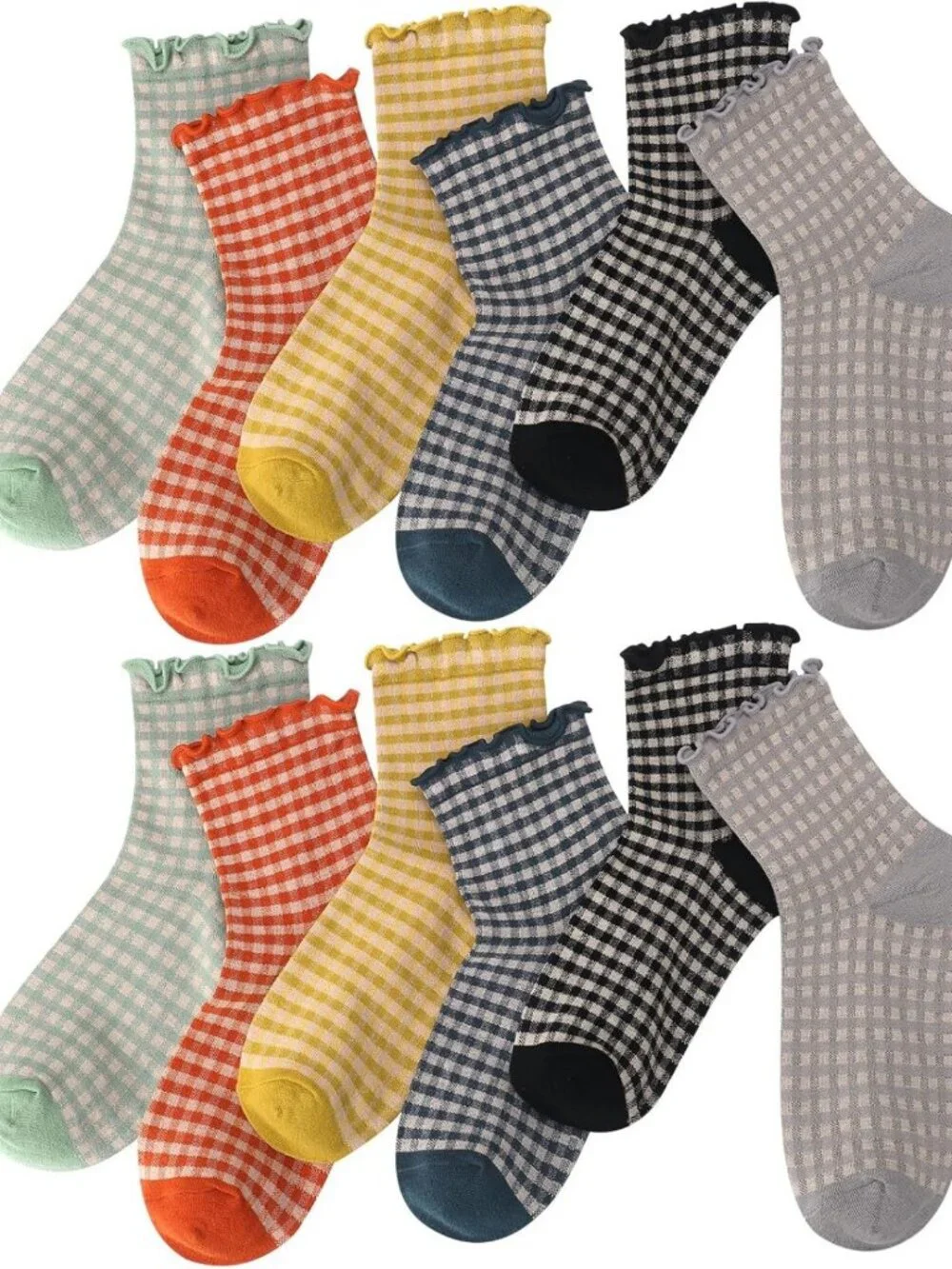 6 Pairs Cute Ruffle Striped Ankle Socks - Frilly Cotton Knit Casual Crew Socks