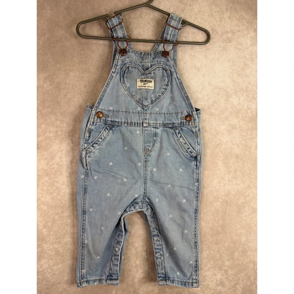 OshKosh B'gosh Denim Overalls Girls 9M Light Blue Heart Print Bib Overalls