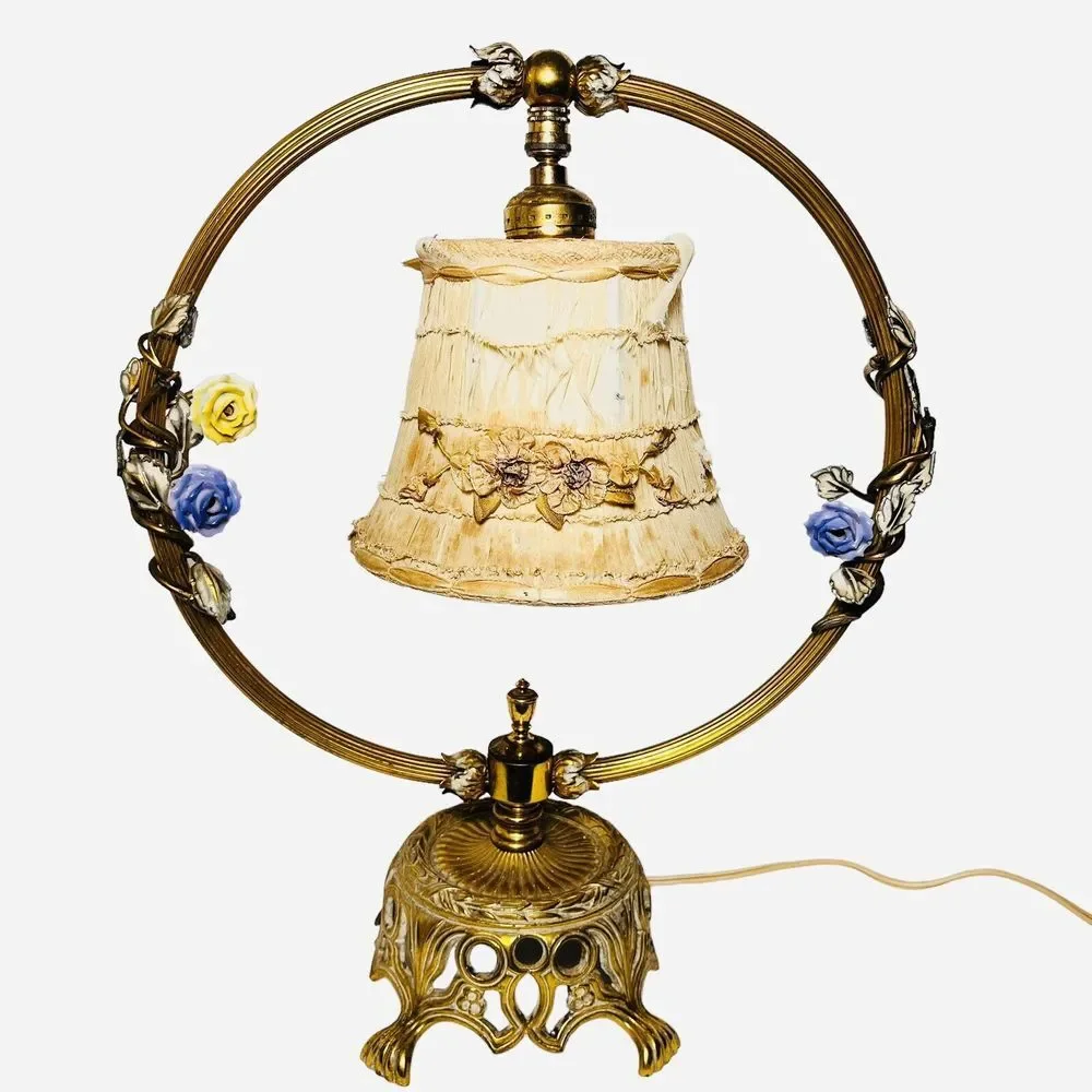 Vintage French‎ Ormolu Porcelain Flowers Tole Toleware Boudoir Gold Circle Lamp