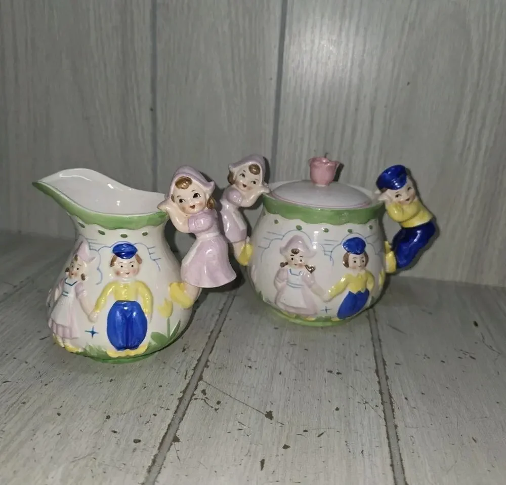 Vtg Green Trim Dutch Holland Windmill Boy & Girl Creamer and Sugar Set Kitschy