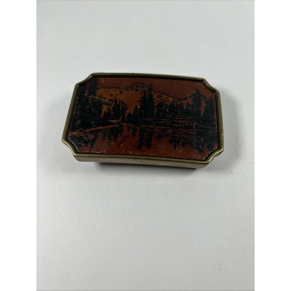 Vintage Solid Brass Leather Mountain Landscape‎ Belt Buckle Made USA