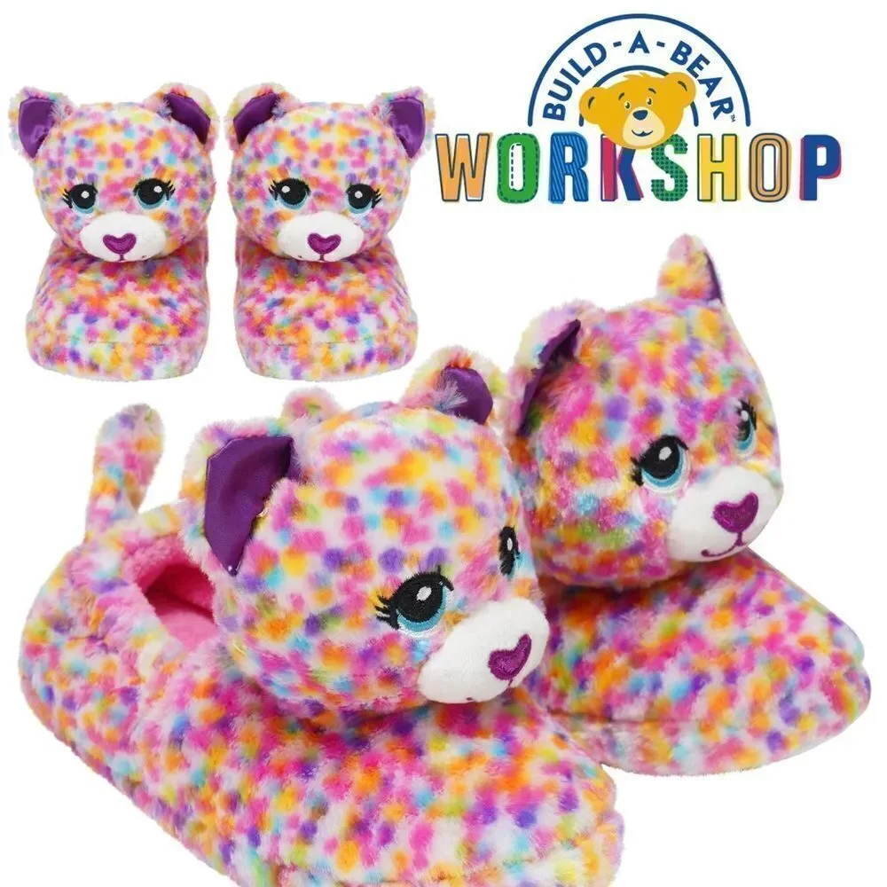 Build a Bear Confetti Kitty cat leopard Girls 3D plus animal Slippers L 1-2