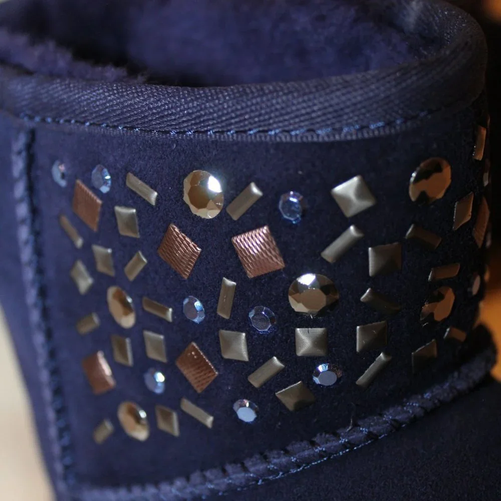 NIB UGG WOMEN'S CLASSIC MINI SUEDE STUDDED SHEARLING LINED BOOTS‎ BLUE