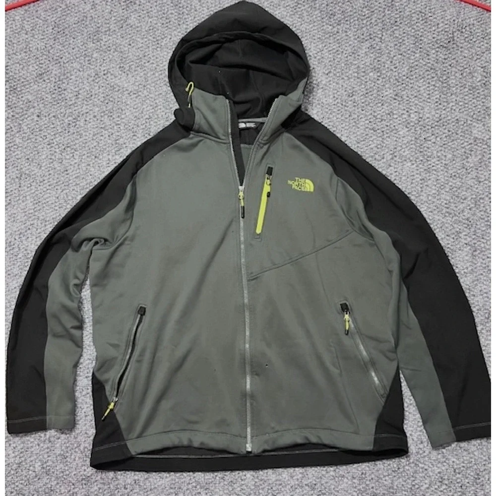 The North Face Gray Black Zip Stand-Up Collar Hooded Jacket Logo Men's Mid-Leng…