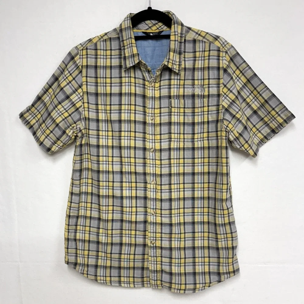 The North Face Men's Sz Medium, Short Sleeve Plaid Shirt Yellow Black Gray Blue