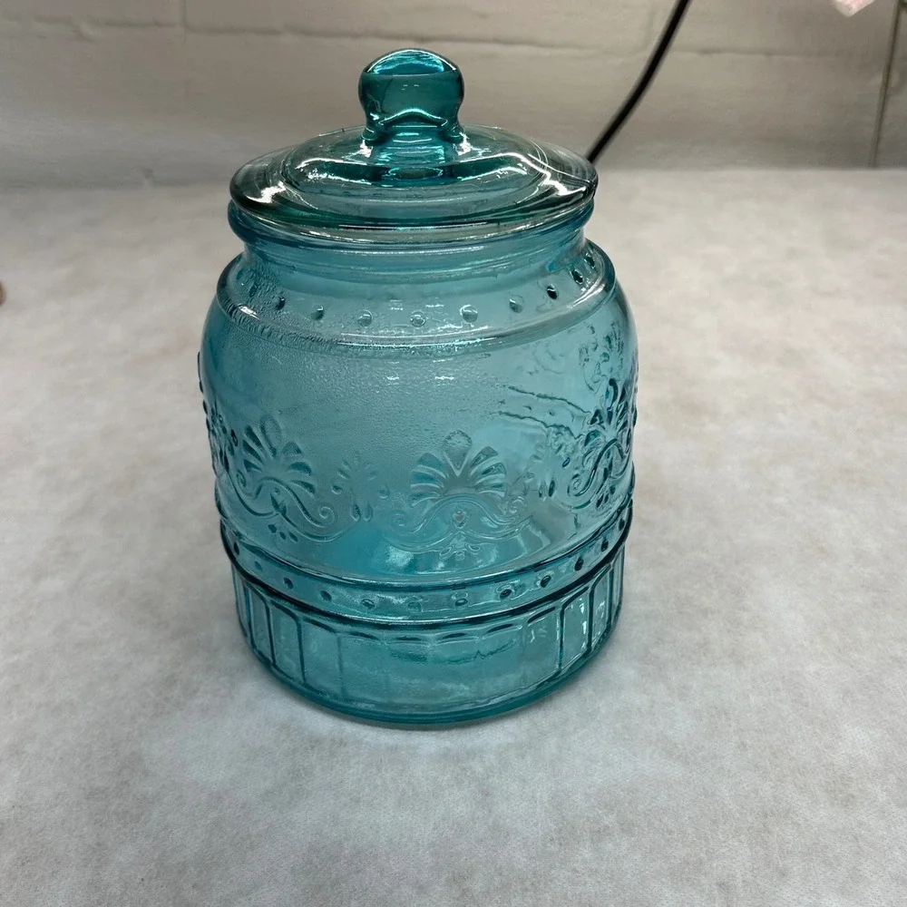 Pioneer Woman Jar Aqua Blue Embossed Glass Canister Kitchen Decor 53‎ oz.