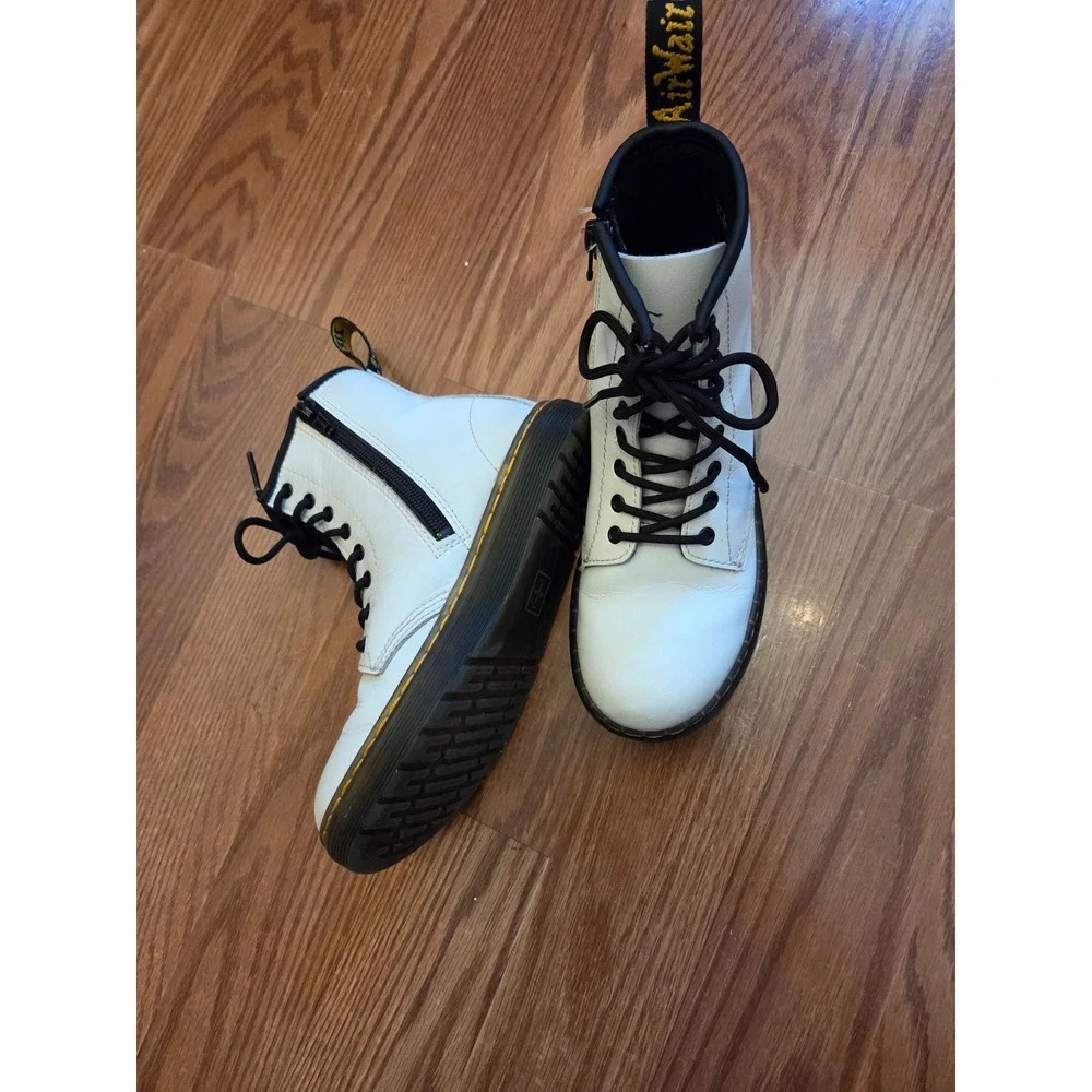 Kids Dr Martens White Leather Combat Boots Side Zip Lace Up AirWair‎ Size K5
