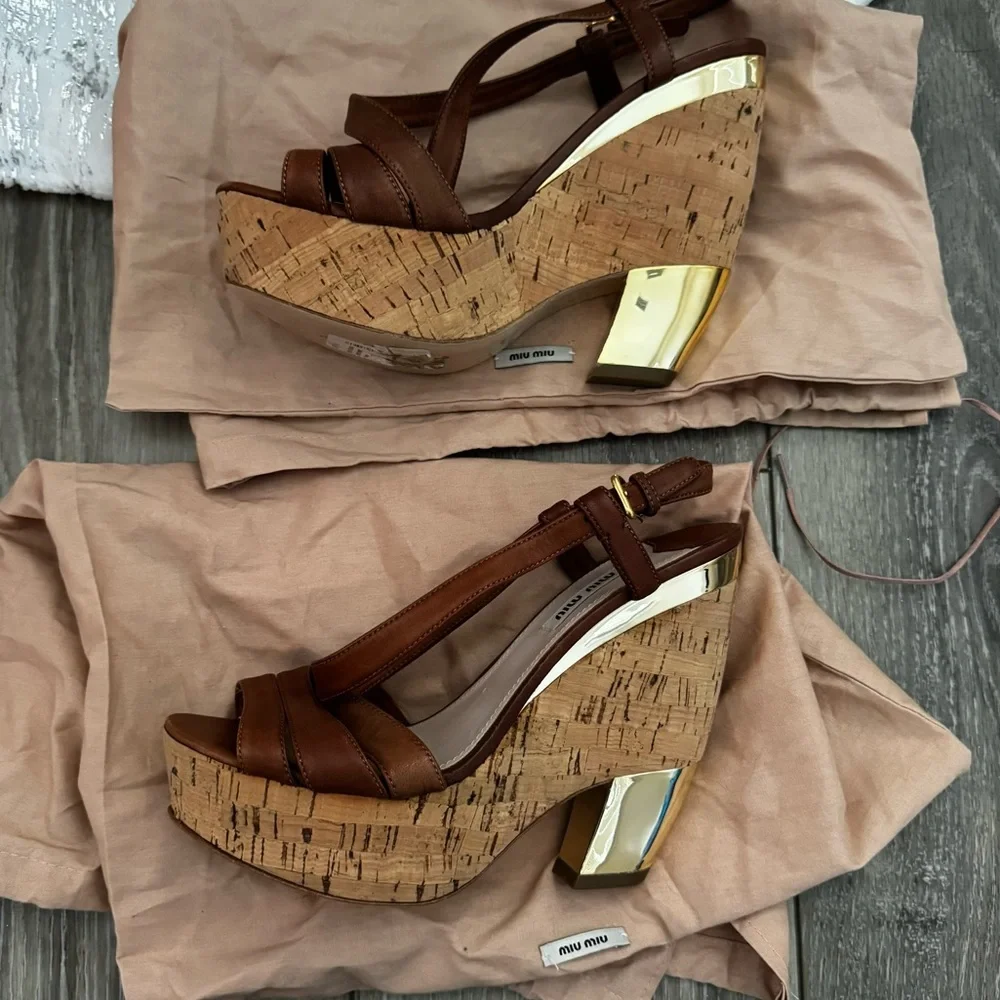 Miu Miu Brown Leather Cork Platform Sandals