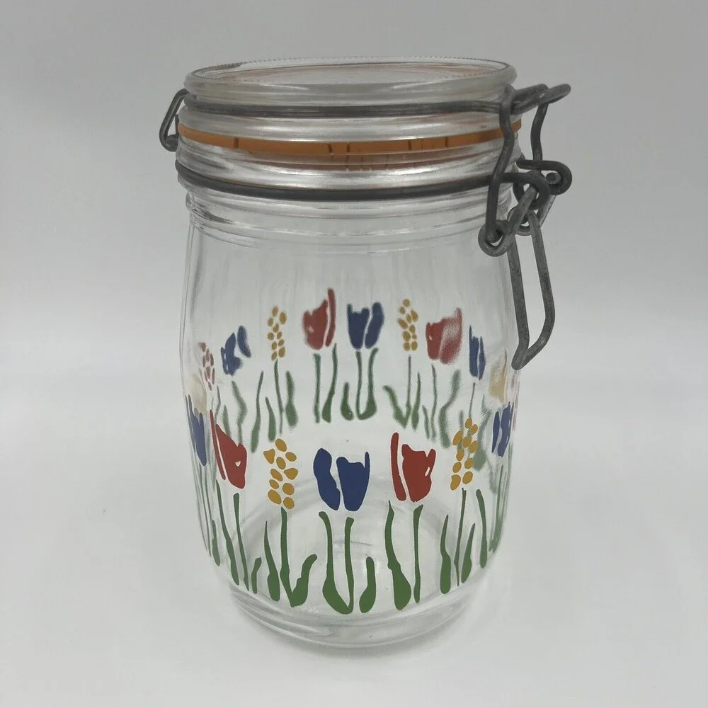 1 L Arc France Glass Canister Jar Tulip Floral Hinged‎ Lid