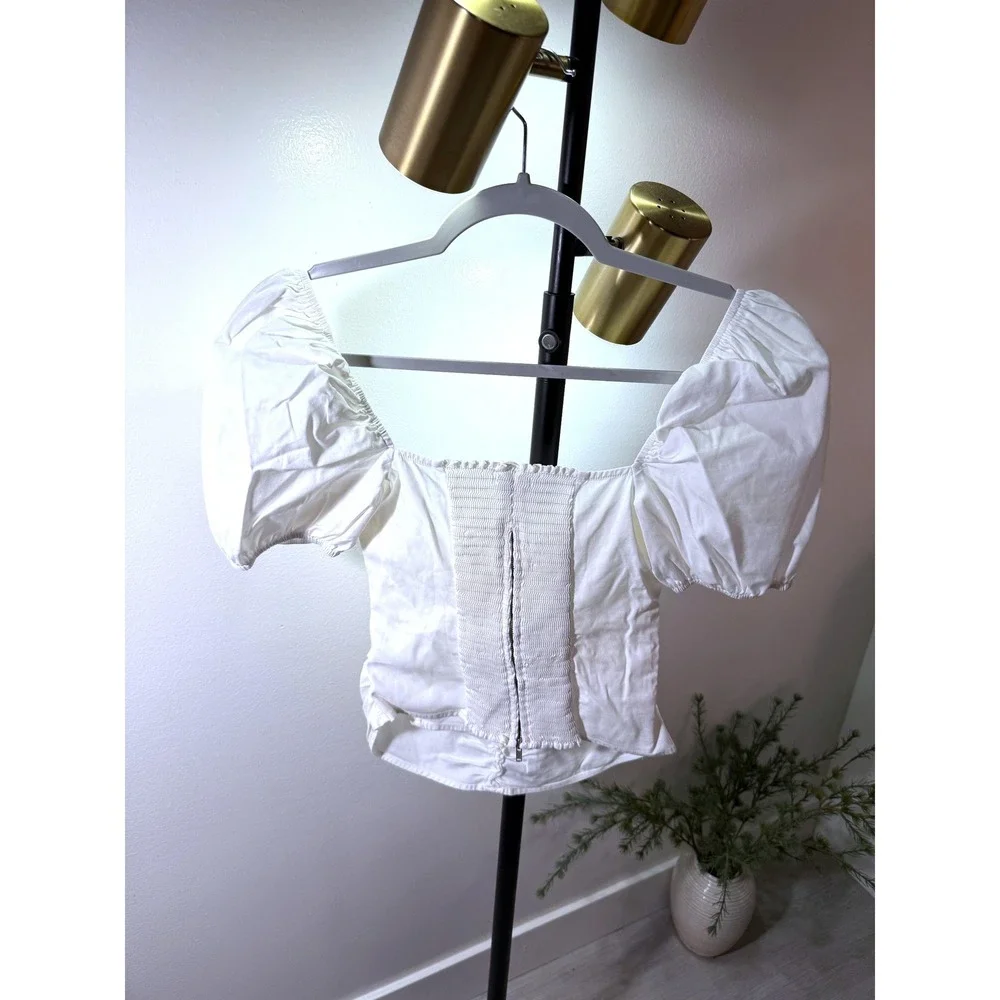 Reformation White Puff Sleeve Ruched Organic Cotton summer clean girl Top Size 6