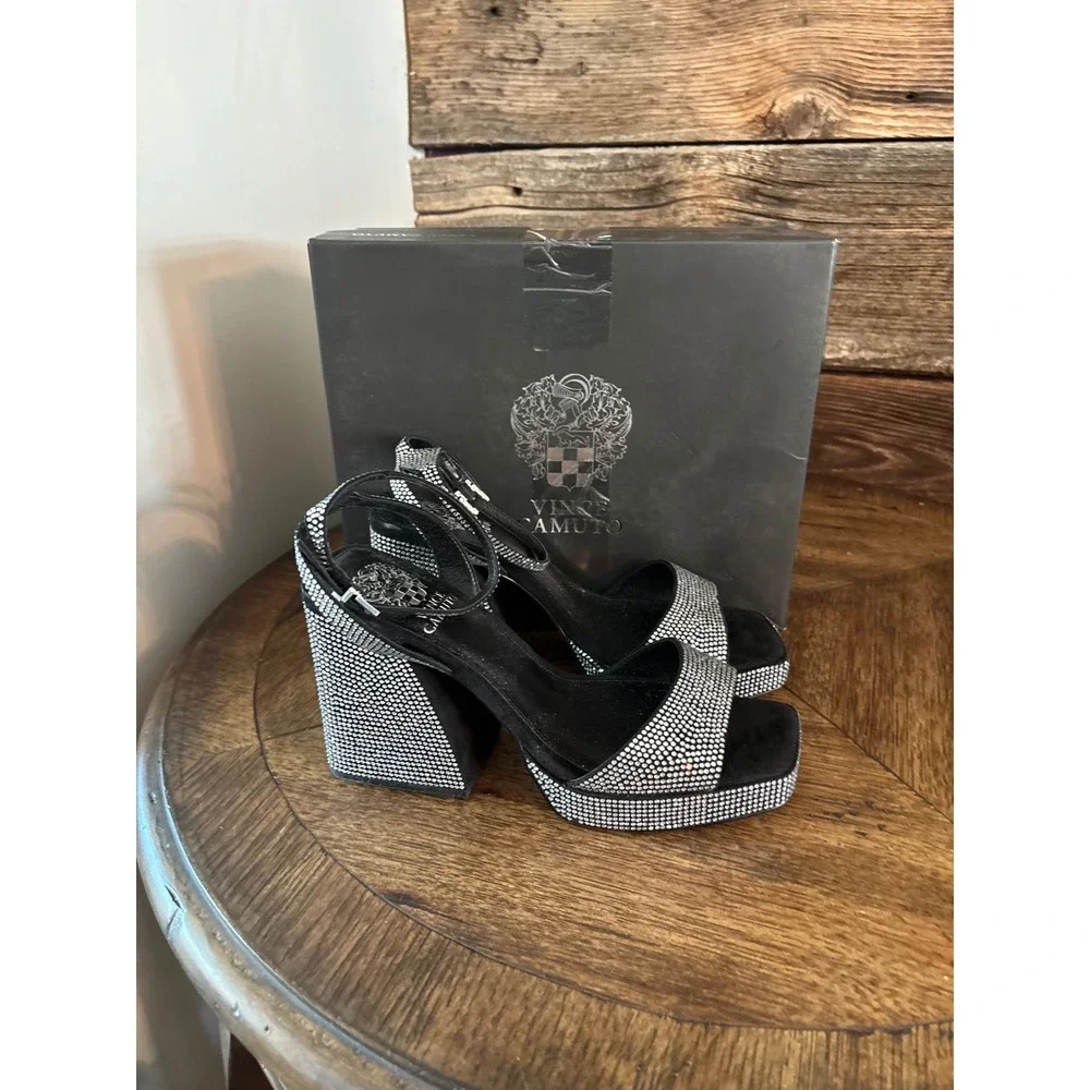 Vince Camuto Pilannaa Black Rhinestone Platform Block Heel Sandals PILANNAA 9M