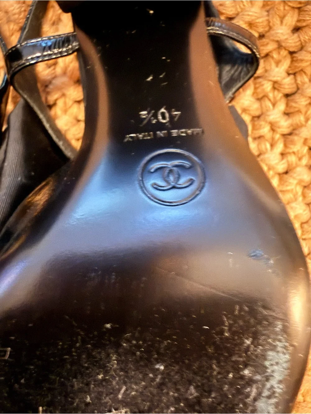 CHANEL Black Slingback Mules with White Camellia Flower