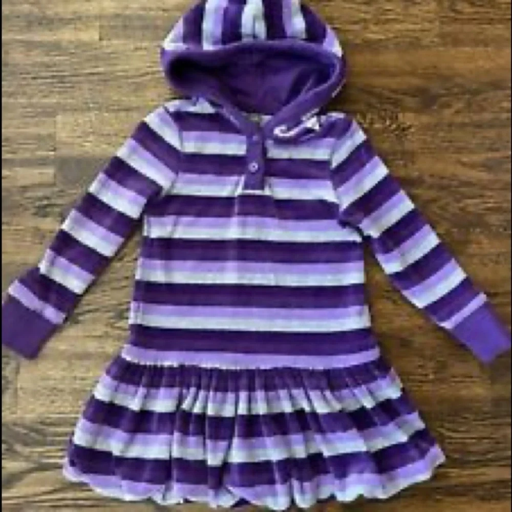Baby Gap Velour Hooded Sweater Dress | Purple Gray Striped | Soft Warm