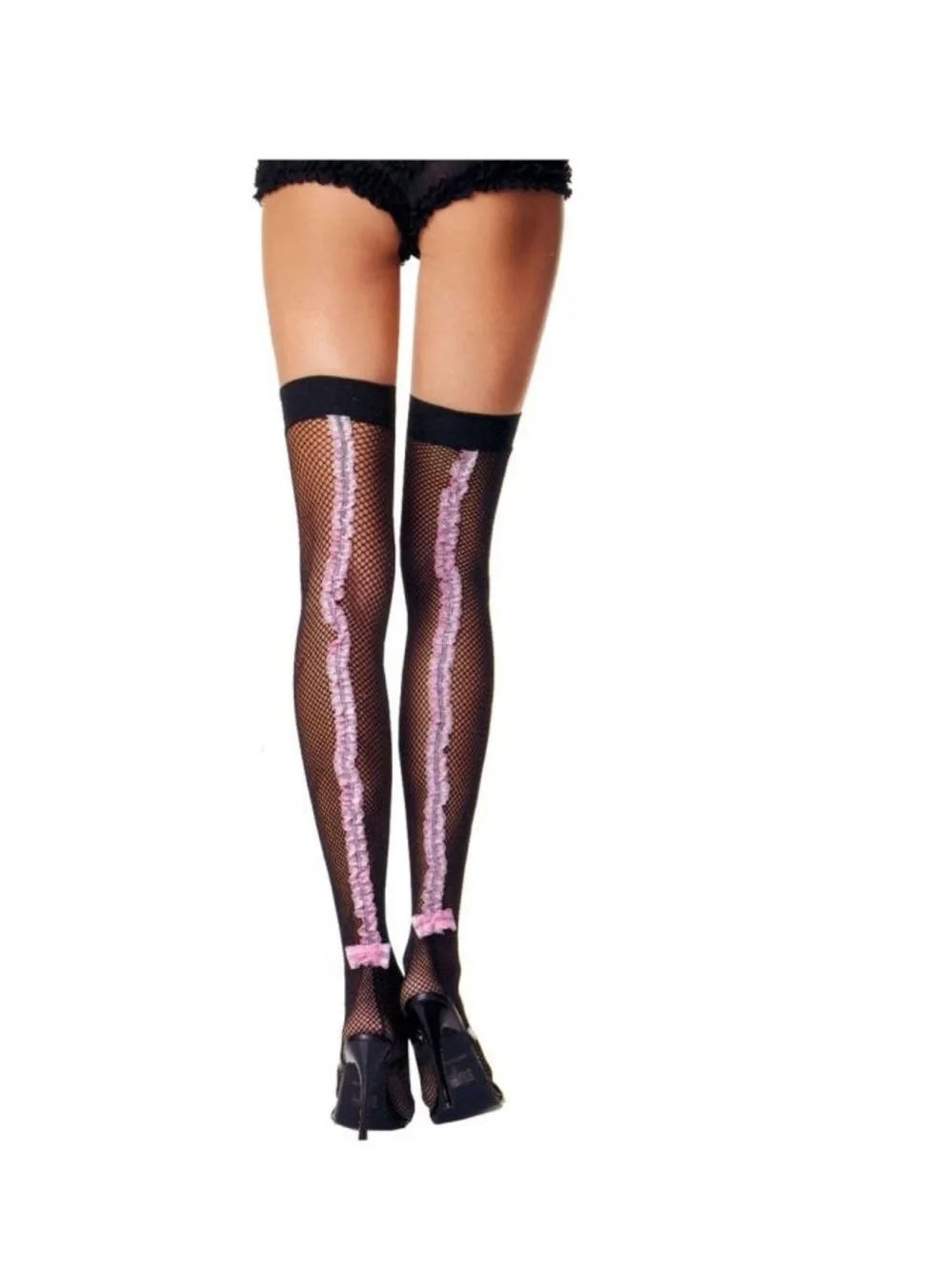 Brand New-Leg Avenue Black Fishnet Thigh Highs with Pink Lace Back Seam