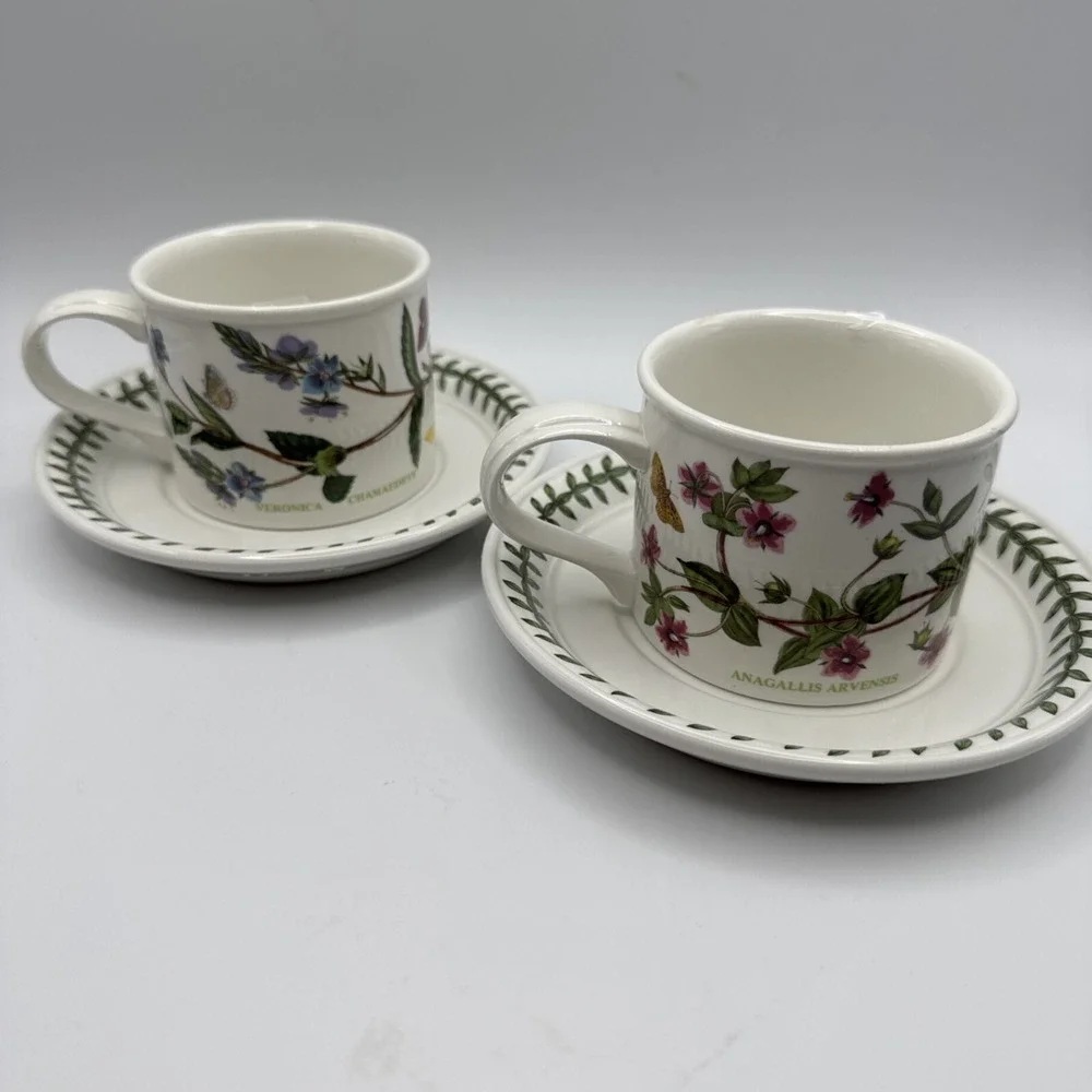 Portmerion Botanic Garden Drum Flat Coffee Cups & Saucers 2 Sets Tea Pimpernel +