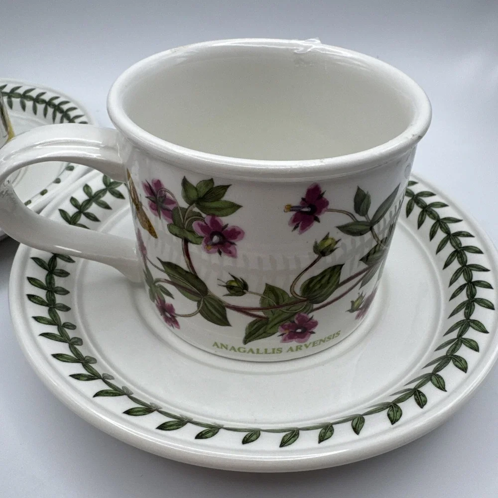 Portmerion Botanic Garden Drum Flat Coffee Cups & Saucers 2 Sets Tea Pimpernel +