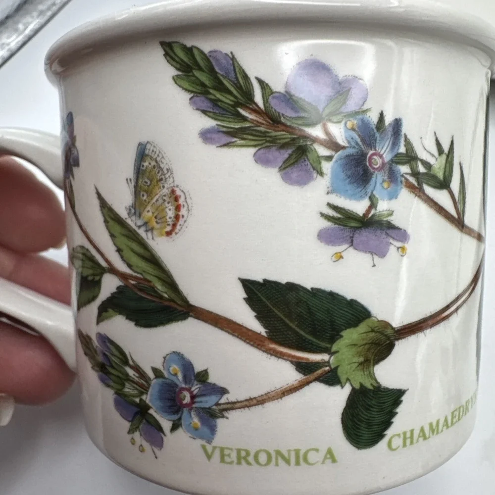 Portmerion Botanic Garden Drum Flat Coffee Cups & Saucers 2 Sets Tea Pimpernel +