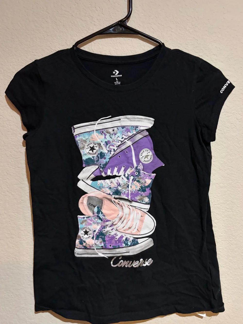 Converse Girls T-Shirt Size L 12-13 Black Chuck Taylor Sneaker Graphic Tee