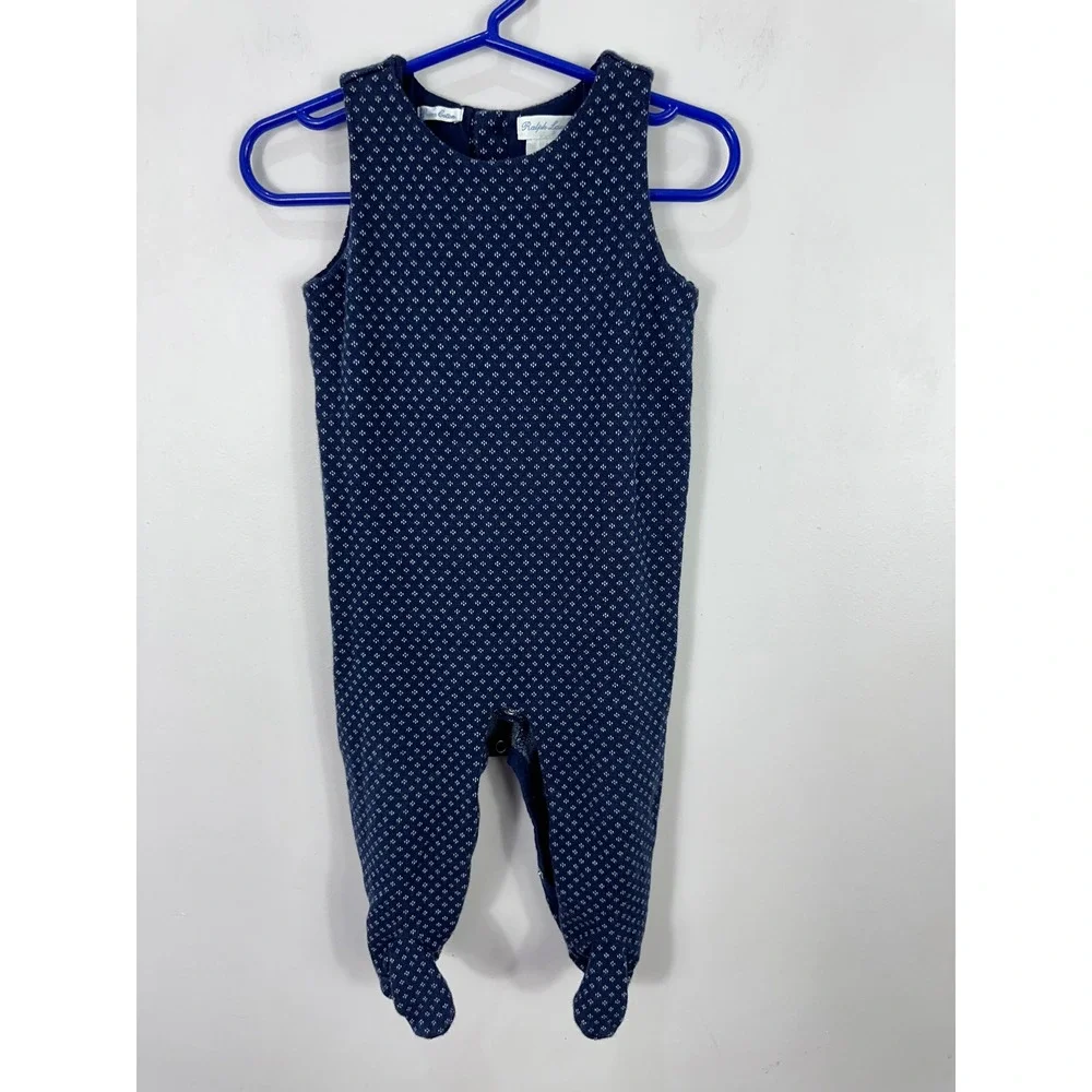 Ralph Lauren Footed Coverall Baby 9M Navy Blue Pima Cotton Diamond Knit Romper