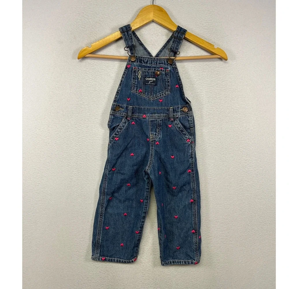 Valentine Heart OshKosh B'gosh Toddler 2T Blue‎ Pink Embroidered Denim Overalls