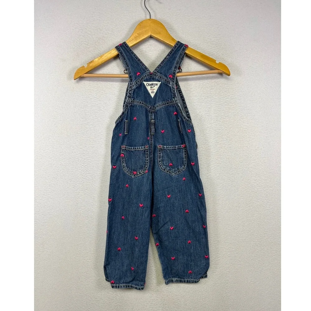 Valentine Heart OshKosh B'gosh Toddler 2T Blue‎ Pink Embroidered Denim Overalls
