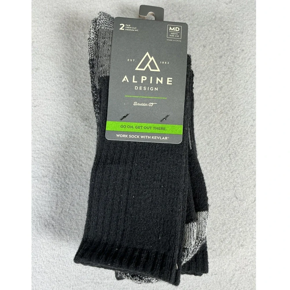 Alpine Design Kevlar Work Socks 2 Pair Crew Medium Weight Men's MD Blk Gray NWT‎