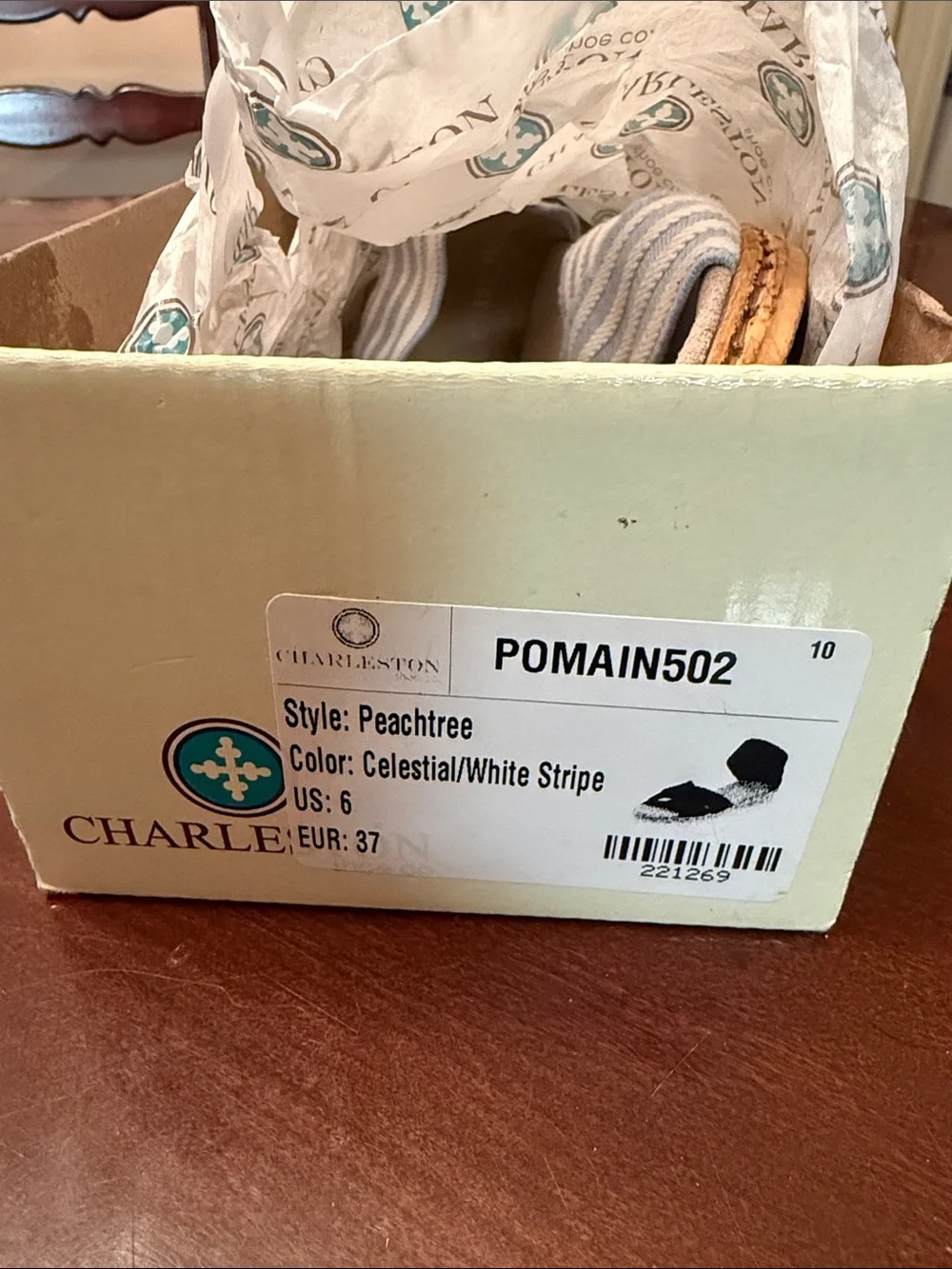CHARLESTON SHOE CO. Light Blue & White Striped Espadrille Wedges