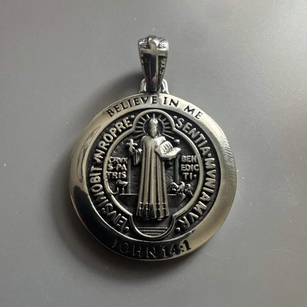 Saint Benedict Plated Pendant 24” Chain Stainless Steel Jesus Christ Silver