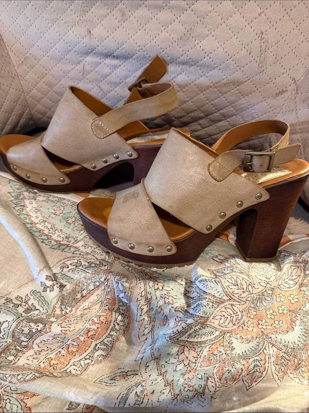 Beige Leather Platform Sandals with Studded Accents