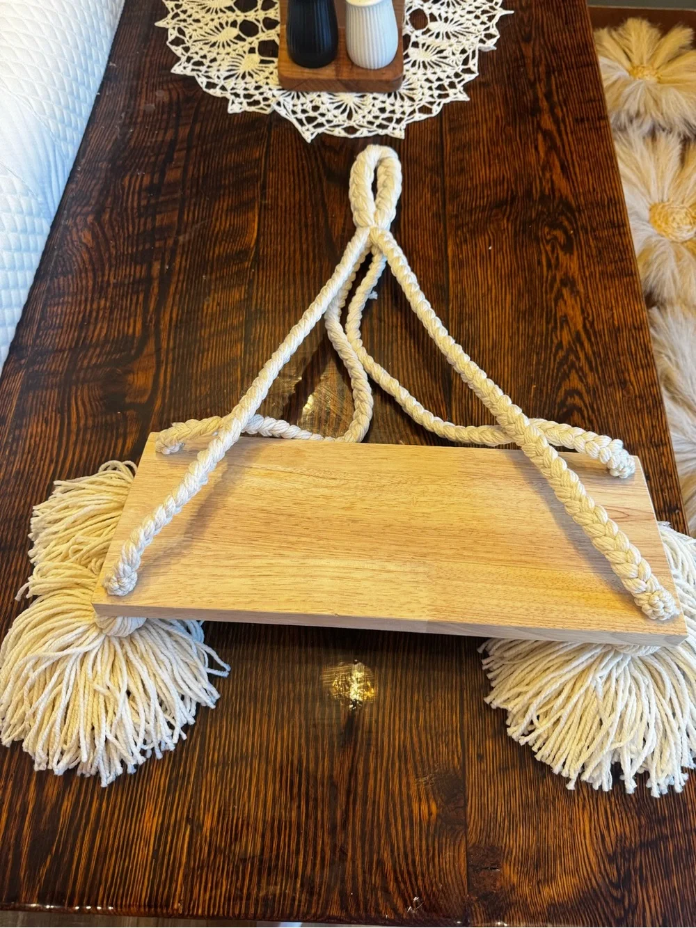 Rustic Wooden Hanging Shelf with Cream Rope