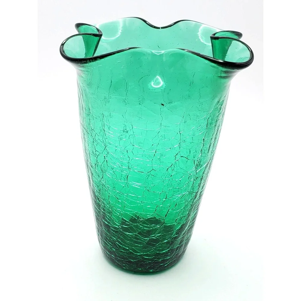 Vintage Blenko Green Crackle Glass w/Crinkled Ribbon Edge Bud Vase