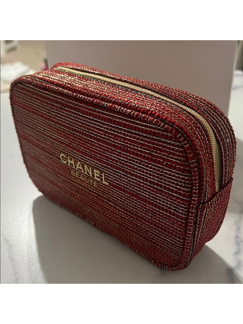 Chanel Limited Edition 2022 Cosmetic Bag in Red & Gold Tweed, NEW in Box