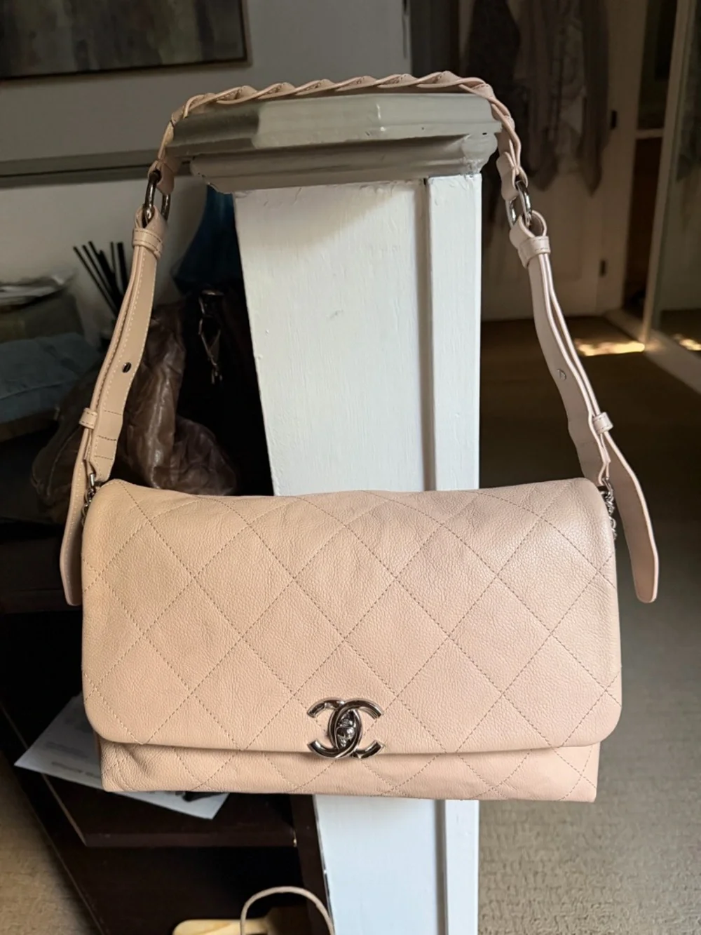 CHANEL Quilted Shoulder Bag in Light Beige with Silver Hardware